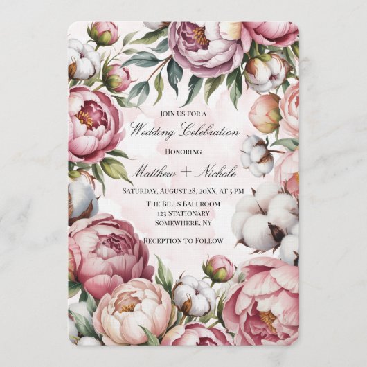 Watercolor Blush Pink Peony and Cotton Wedding  Kaart (Voorkant)