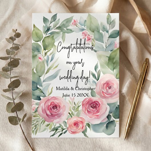Watercolor Blush Pink Rose & Eucalyptus Wedding Kaart