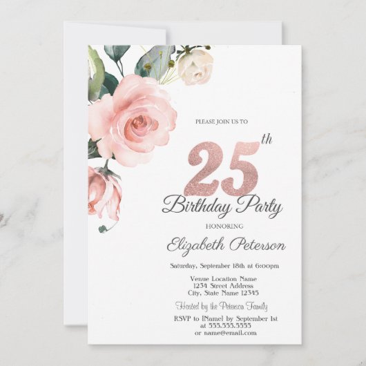 Watercolor Blush Rozen 25e Verjaardag Kaart (Voorkant)