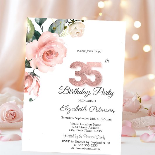 Watercolor Blush Rozen 35e Verjaardag Kaart