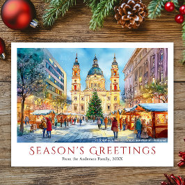 Watercolor Boedapest Basiliek Kerstmarkt Feestdagenkaart