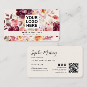 Watercolor Boeket Bloem Burgundy & QR Code Logo Visitekaartje