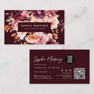 Watercolor Boeket Bloem Burgundy & QR Code Logo Visitekaartje