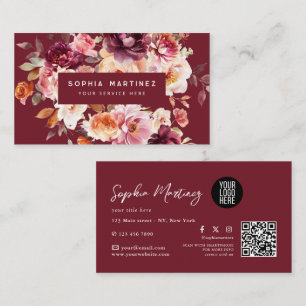 Watercolor Boeket Bloem Burgundy & QR Code Logo Visitekaartje