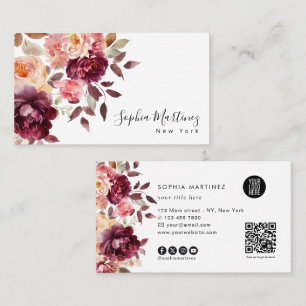 Watercolor Boeket Bloem Burgundy & QR Code Logo Visitekaartje