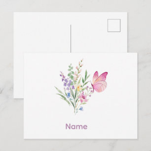 Watercolor Boeket Wilde Bloemen met Roze Vlinder Briefkaart