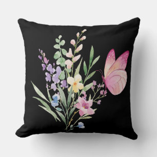 Watercolor Boeket Wilde Bloemen met Roze Vlinder Kussen