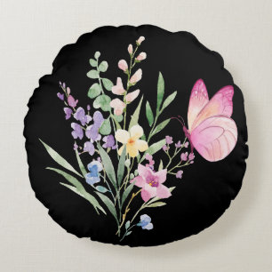 Watercolor Boeket Wilde Bloemen met Roze Vlinder Rond Kussen