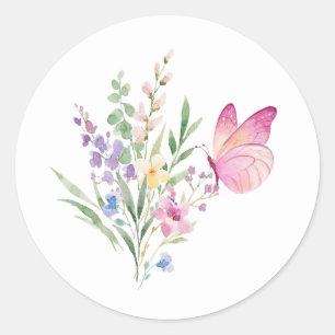 Watercolor Boeket Wilde Bloemen met Roze Vlinder Ronde Sticker