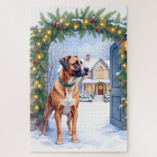 Watercolor Boerboel Farmhouse Gate Christmas Legpuzzel (Verticaal)