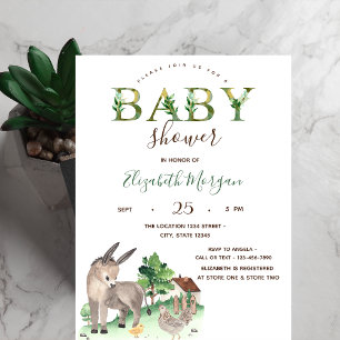 Watercolor Boerderij Dieren Ezel Baby Shower  Kaart