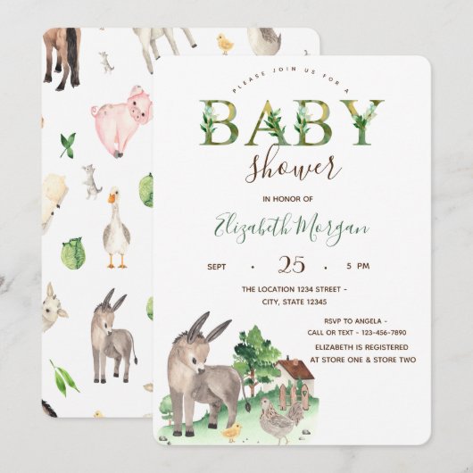 Watercolor Boerderij Dieren Ezel Baby Shower  Kaart (Voorkant / Achterkant)
