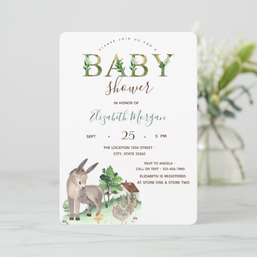 Watercolor Boerderij Dieren Ezel Baby Shower  Kaart (Staand voorkant)