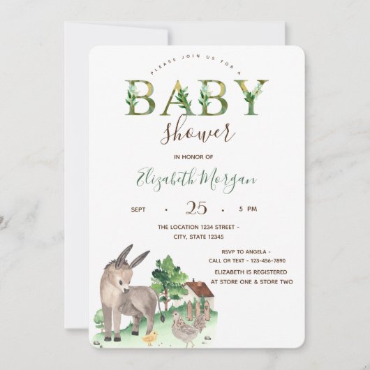 Watercolor Boerderij Dieren Ezel Baby Shower  Kaart (Voorkant)