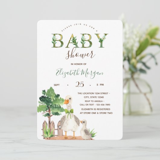 Watercolor Boerderij Dieren Gans Baby Shower  Kaart (Staand voorkant)