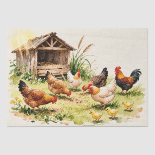 Watercolor Boerderij Kippen Tissuepapier (Voorkant)