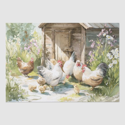 Watercolor Boerderij Kippen Tissuepapier (Voorkant)