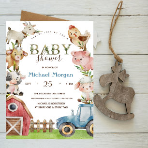 Watercolor Boerderij Tractor Stal Baby Shower Kaart