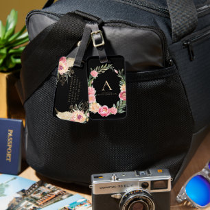 Watercolor Boho Bloem op Zwart   Chic Monogram Bagagelabel