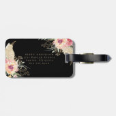 Watercolor Boho Bloem op Zwart | Chic Monogram Bagagelabel (Achterkant horizontaal)
