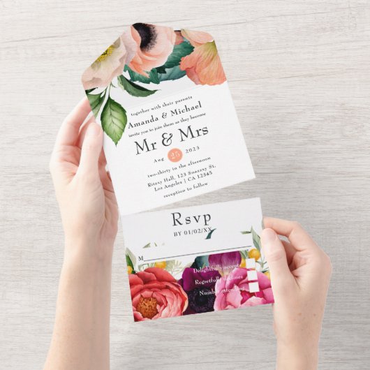 Watercolor Boho Bloemen Bruiloft All In One Uitnodiging (Afscheurbaar)