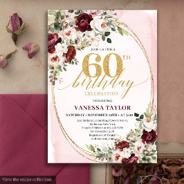 Watercolor Boho Blush Burgundy 60th Birthday Card Kaart