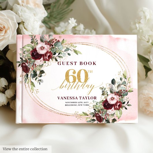 Watercolor Boho Burgundy Gold 60th Birthday Gastenboek