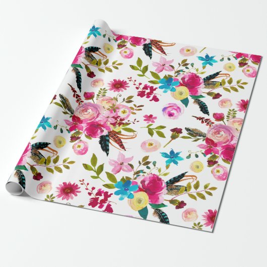 Watercolor Boho Chic Bloemen Bruiloft Cadeaupapier (Uitgerold)