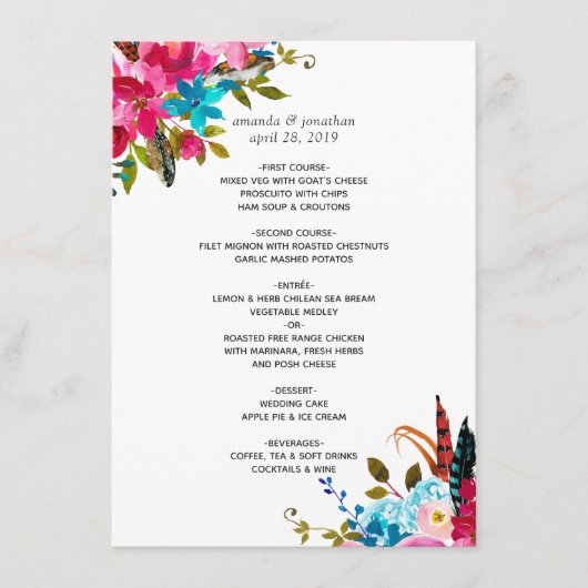 Watercolor Boho Chic Bloemen Bruiloft Menu (Voorkant)
