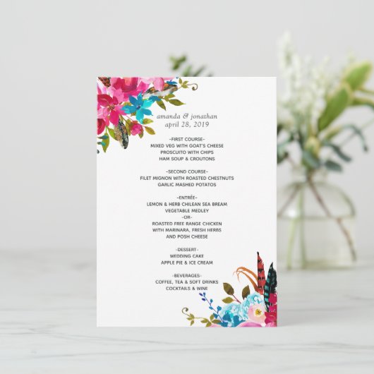 Watercolor Boho Chic Bloemige Bruiloft Menu (Staand voorkant)