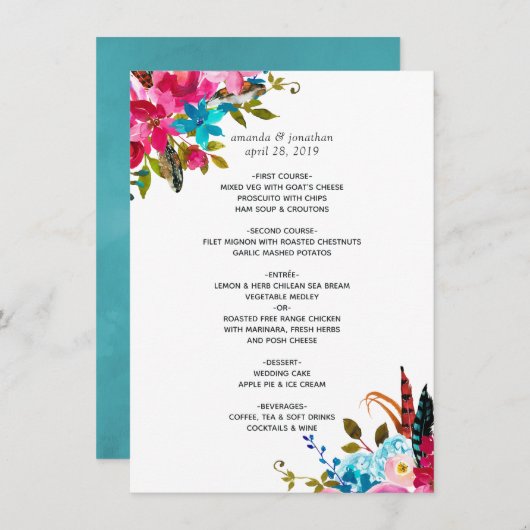 Watercolor Boho Chic Bloemige Bruiloft Menu (Voorkant / Achterkant)