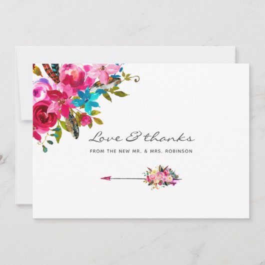 Watercolor Boho Chic Bloemige Trouwdag Bedankkaart (Voorkant)