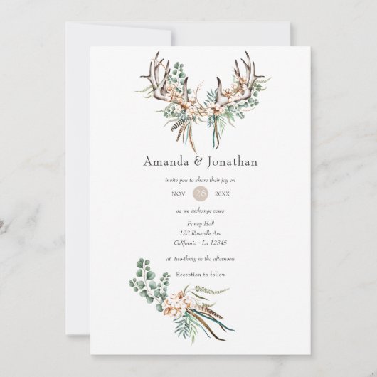 Watercolor Boho Katoen en Eucalyptus Boho Bruiloft Kaart (Voorkant)