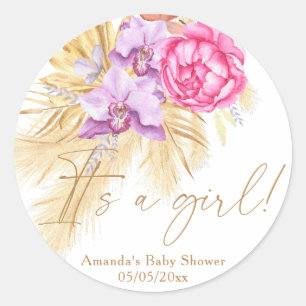 Watercolor boho pampasgras - Het is een meisje! Ronde Sticker
