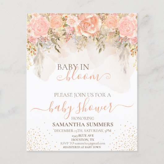 Watercolor Boho Perzik In Bloom Bloem Baby Shower  (Voorkant)