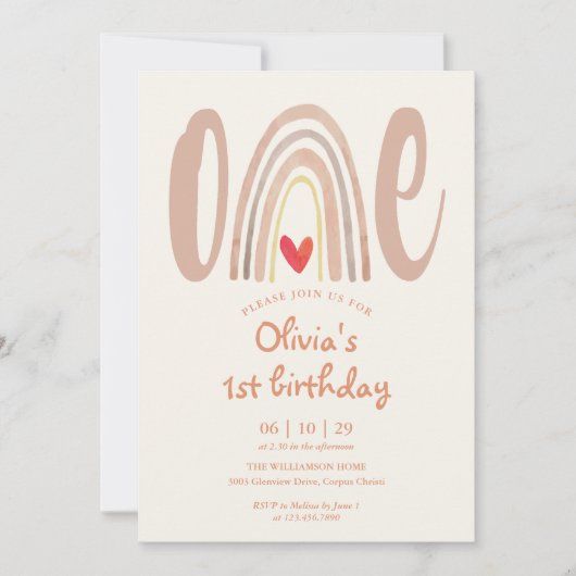 Watercolor Boho Rainbow Heart 1st Birthday Kaart (Voorkant)