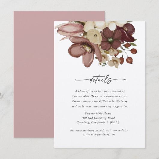 Watercolor Boho Rose & Neutral Wedd Details Card Notitiekaartje (Voorkant / Achterkant)
