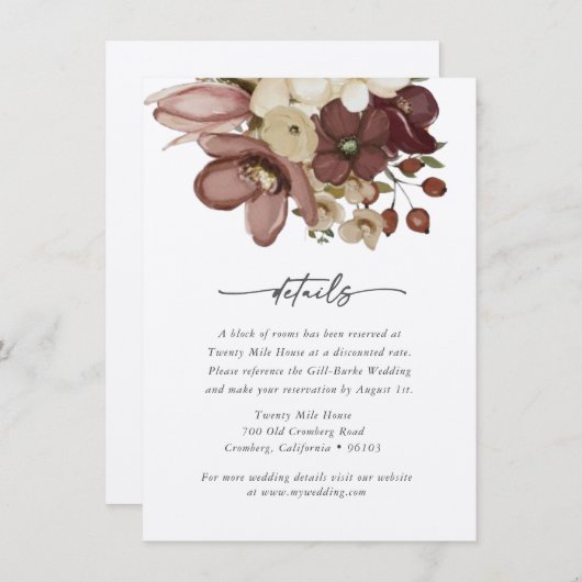 Watercolor Boho Rose & Neutral Wedd Details Card Notitiekaartje (Voorkant / Achterkant)