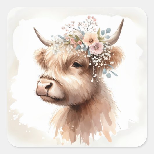 Watercolor Boho Schotse Hooglanders Koe Met Bloeme Vierkante Sticker (Voorkant)