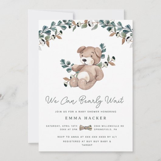 Watercolor Boho Teddybeer Groene Baby Shower Kaart (Voorkant)
