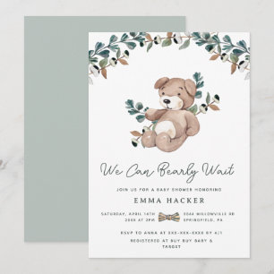 Watercolor Boho Teddybeer Groene Baby Shower Kaart