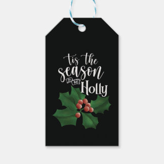 Watercolor Bold Black and Green Holly Christmas Cadeaulabel