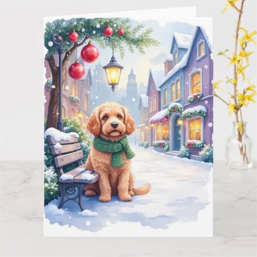 Watercolor Bolognese Festive Town Bench Christmas  Kaart (Gele Bloem)