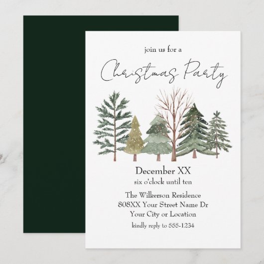 Watercolor Bomen & Elegante Script Kerstfeest Kaart (Voorkant / Achterkant)