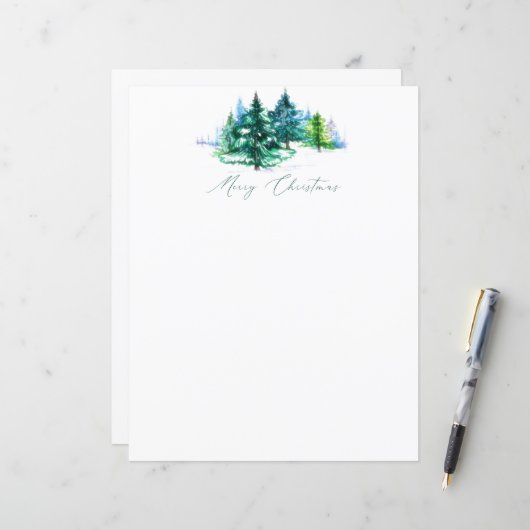 Watercolor bomen Kerst stationery (Voorkant / Achterkant in situ)