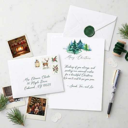 Watercolor bomen Kerststationery