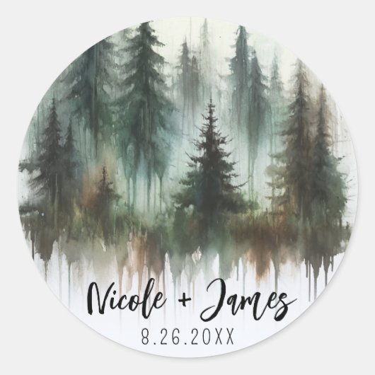 Watercolor Bomen Rustieke Wildernis Bruiloft Ronde Sticker (Voorkant)