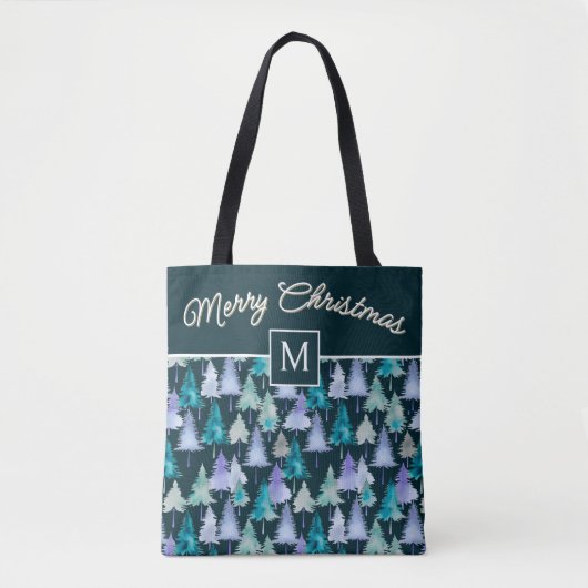 Watercolor Bomen Vrolijk Kerstmis Monogram Tote Bag (Voorkant)