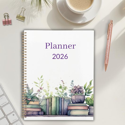 Watercolor Books and Plants Personalized Planner