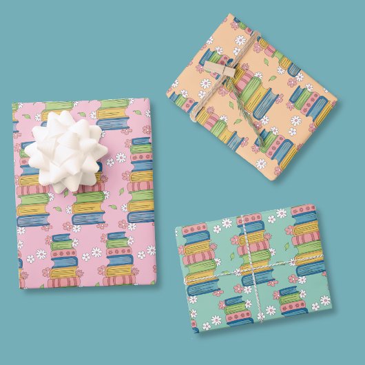 Watercolor Bookstack Pattern Wrapping Paper Sheet 
